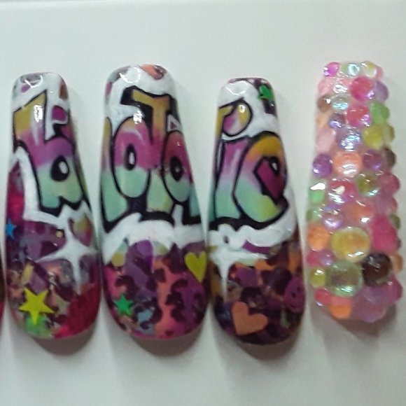 Handmade XL Coffin Press On Nails "Baddie" Theme - Picture 1 of 5
